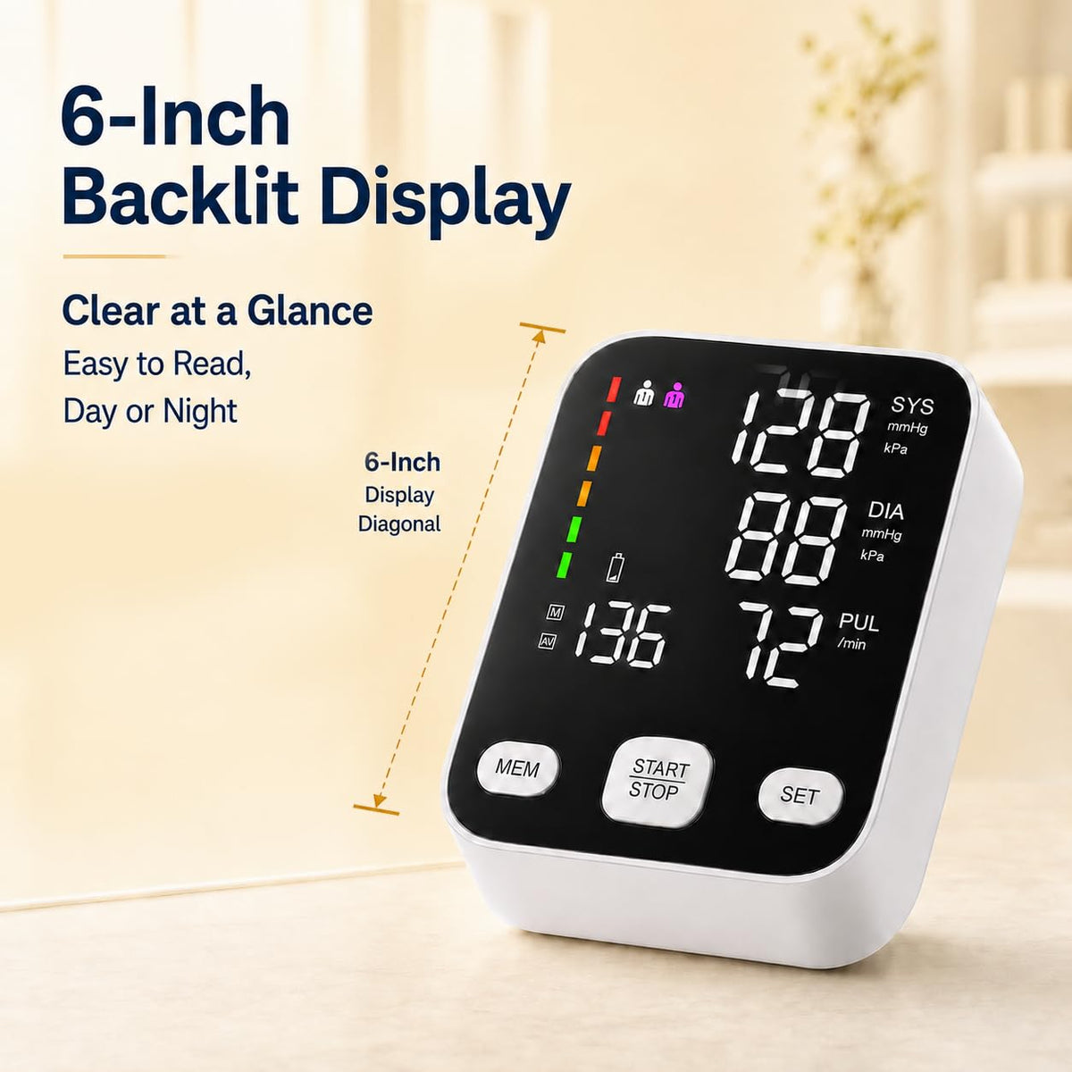 Automatic Upper Arm Blood Pressure Monitor with 6-Inch Backlit Display P3410