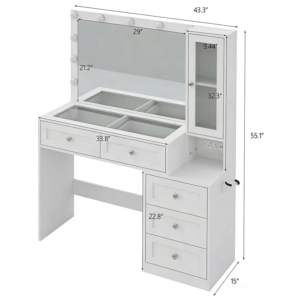 White Vanity Desk with LED Lights Mirror and 5 Storage Drawers N2313