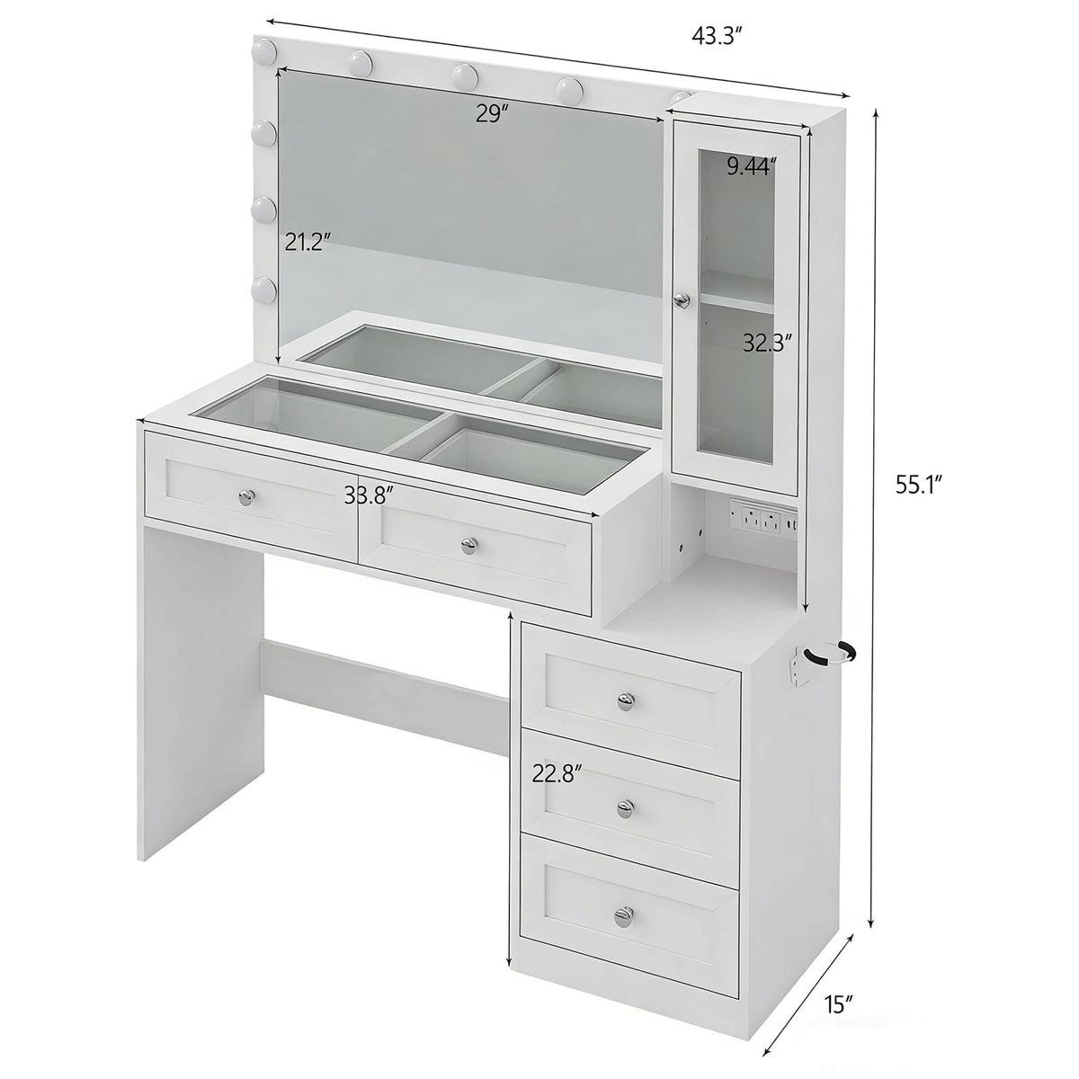 White Vanity Desk with LED Lights Mirror and 5 Storage Drawers N2313