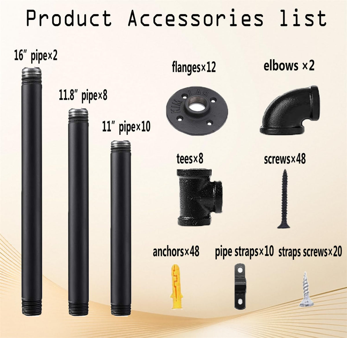 Black Iron Pipe Shelf Bracket, 2Pcs 5 Tier 68" Tall S3677