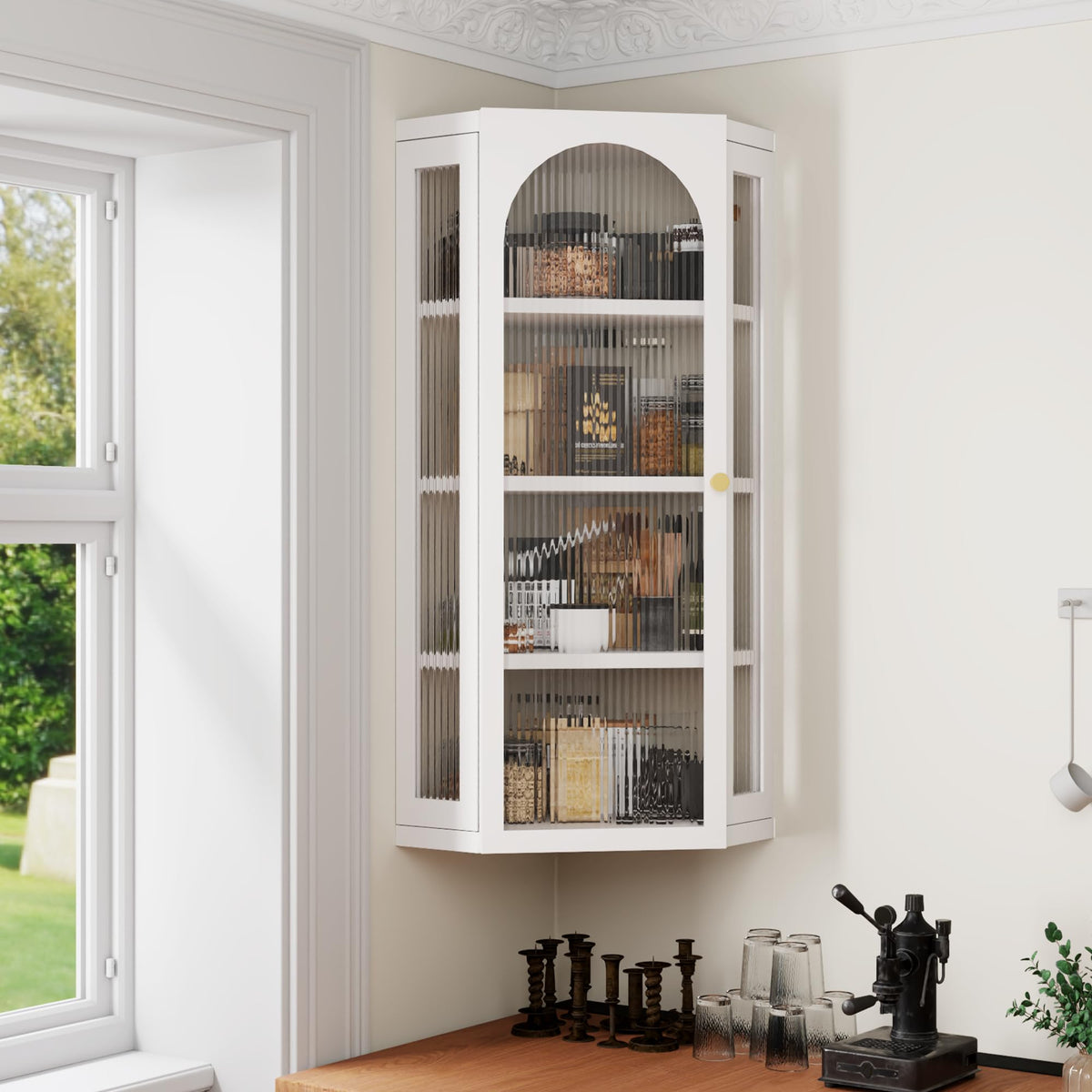 White Metal Corner Wall Cabinet with Glass Doors and Shelves X242868