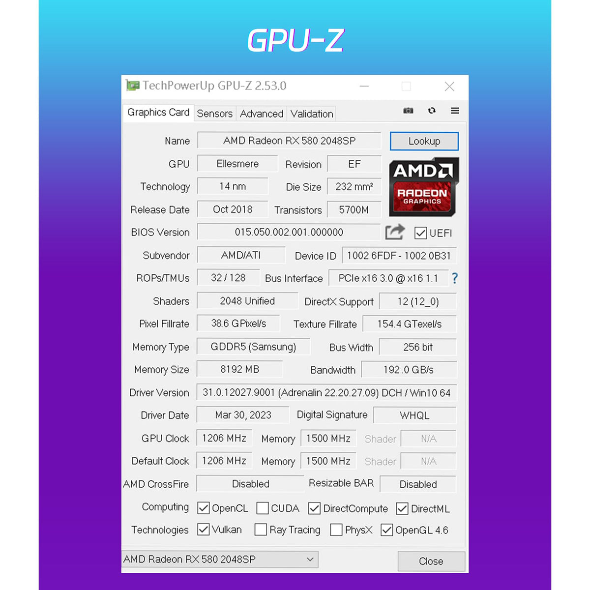 Radeon RX 580 8GB GDDR5 Gaming Graphics Card E495560