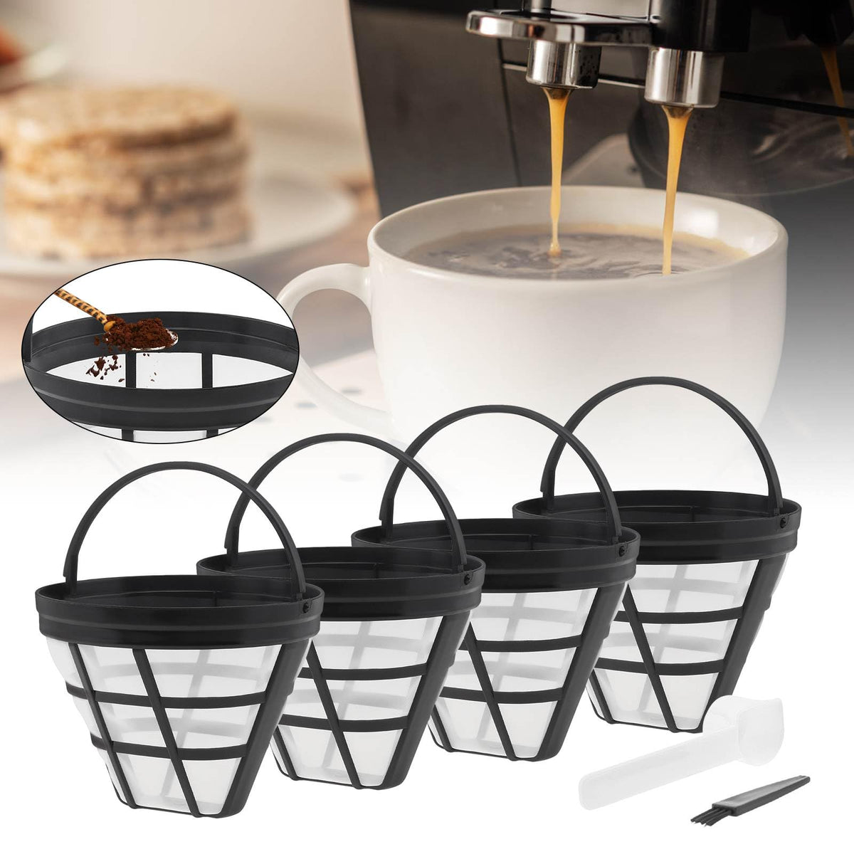 Reusable Cone Coffee Filters 8-12 Cup with Spoon and Brush Q620