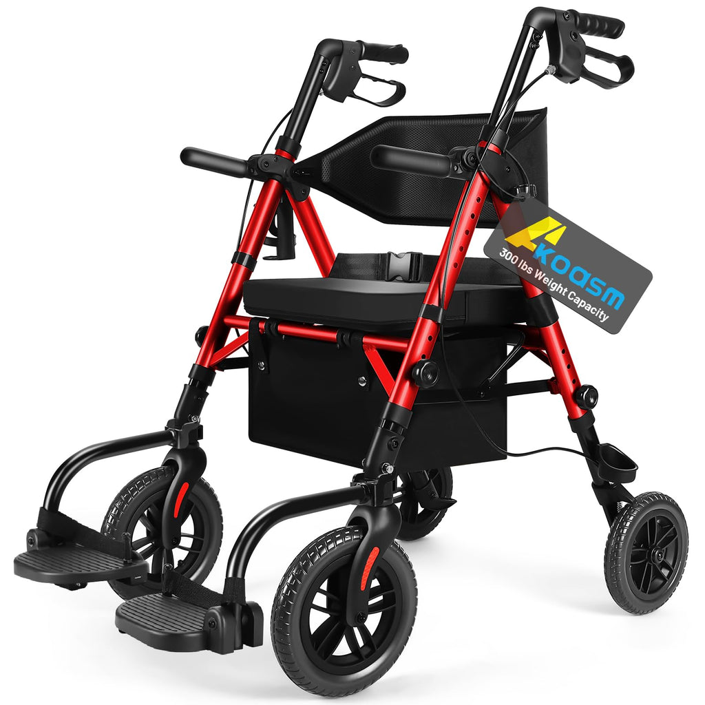 Foldable Rollator Walker with Seat, 2 in 1 Wheelchair Combo, Red V738730