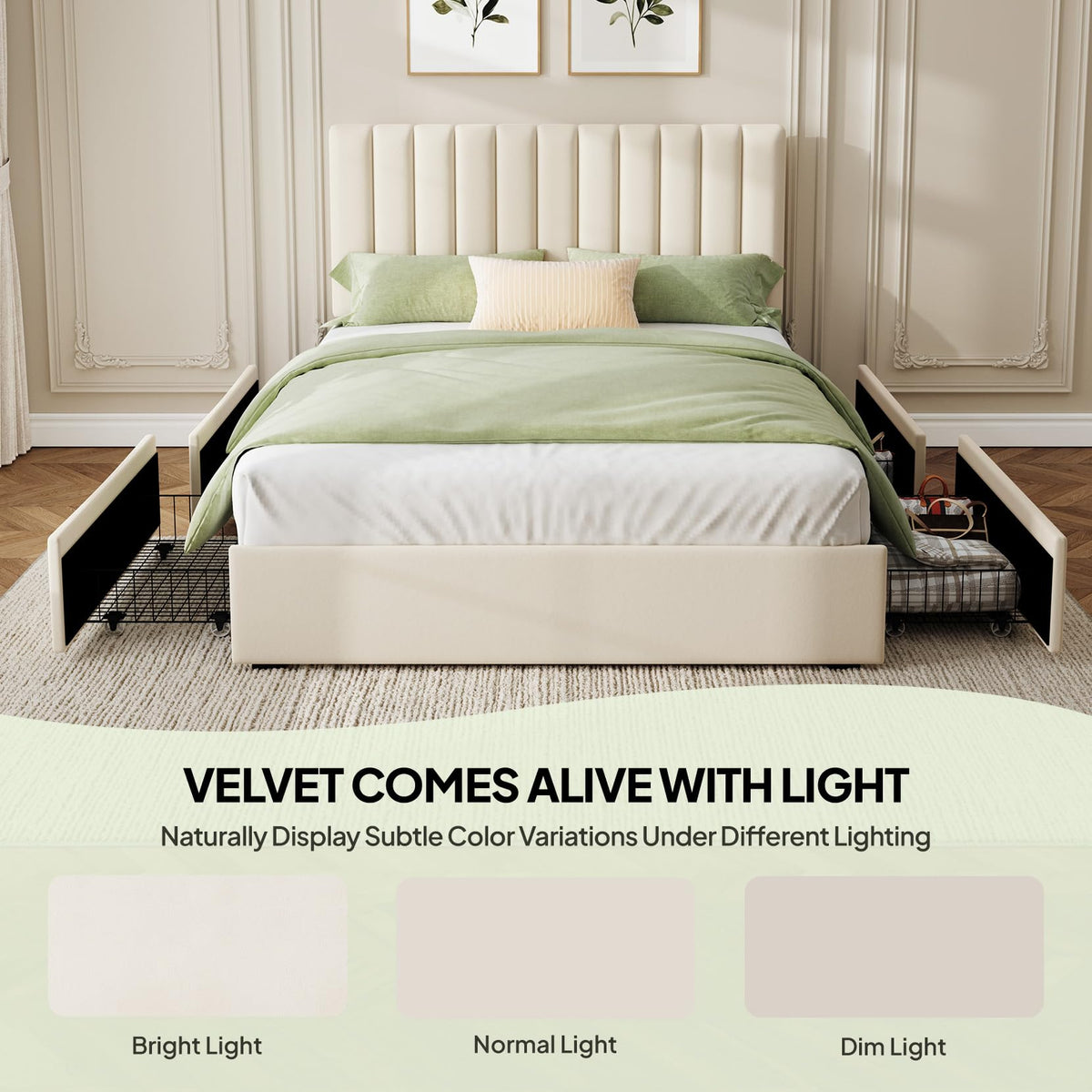 White Full Size Upholstered Bed Frame with Headboard & 4 Drawers P181536