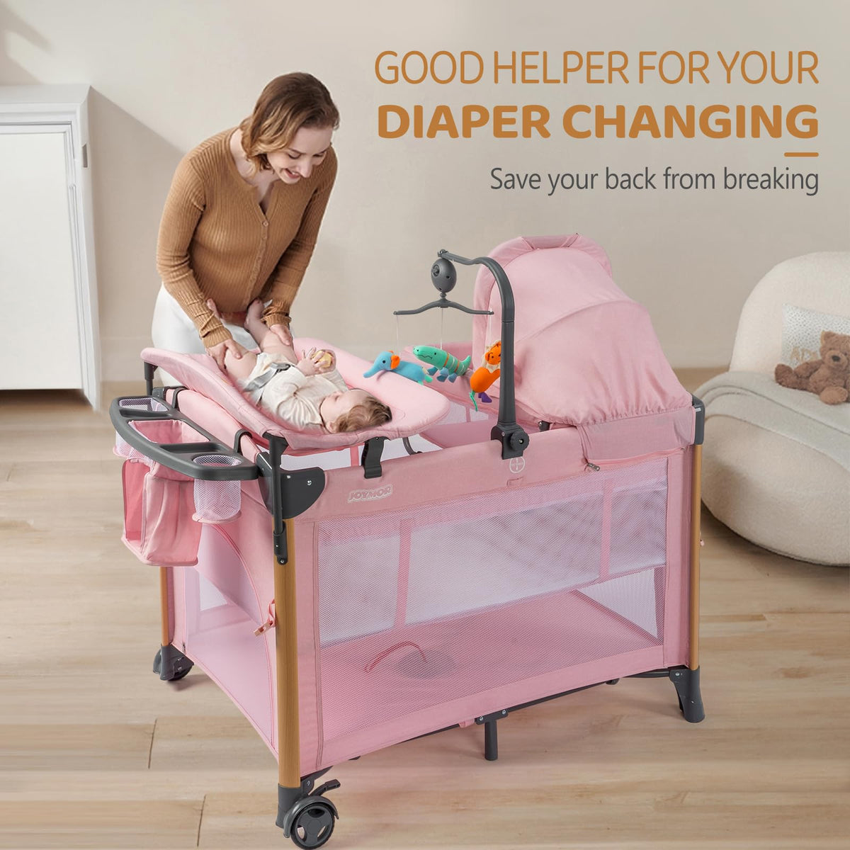 7 in 1 Pink Bedside Bassinet with Changing Table X157