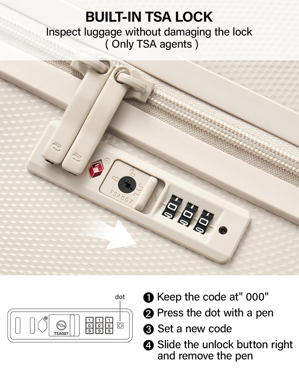 20 Inch PC Hard Shell Carry On Luggage with Wheels, TSA Lock, Ivory White Q455