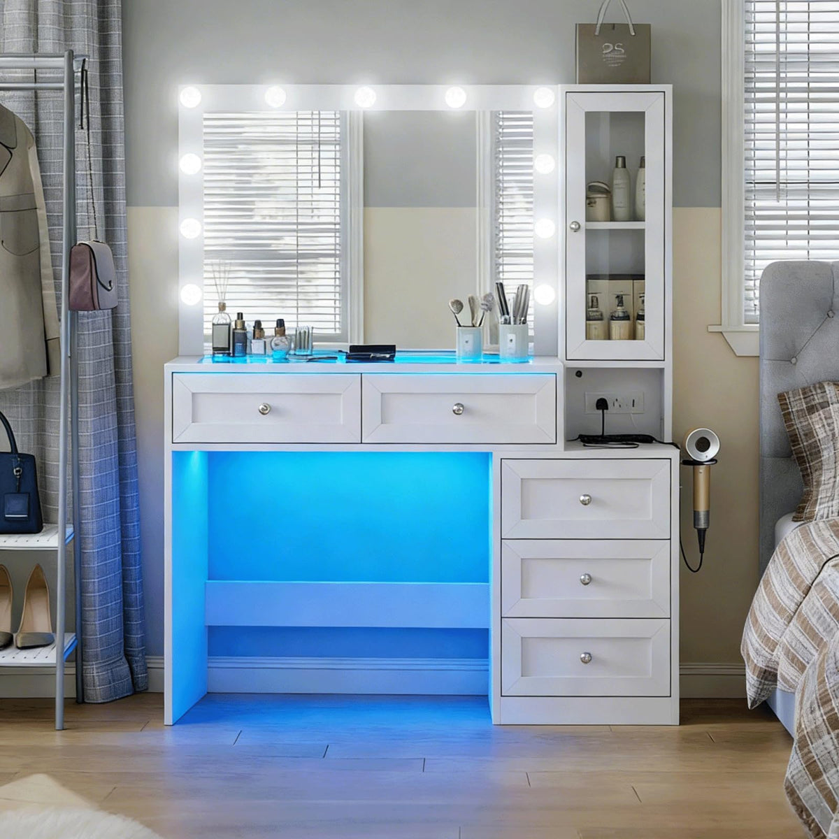 White Vanity Desk with LED Lights Mirror and 5 Storage Drawers N2313
