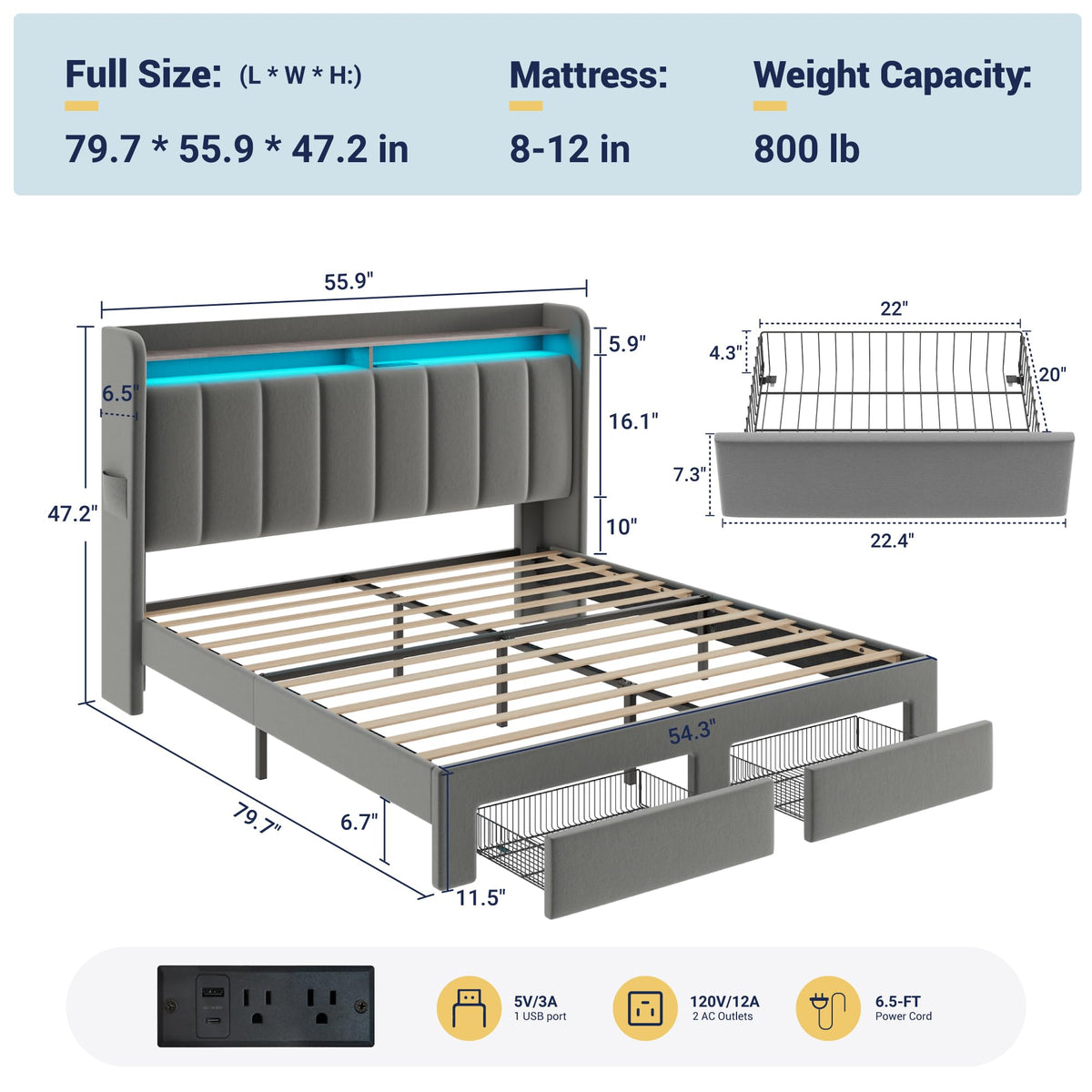 Full Size Bed Frame with Storage Headboard and Drawers T8225
