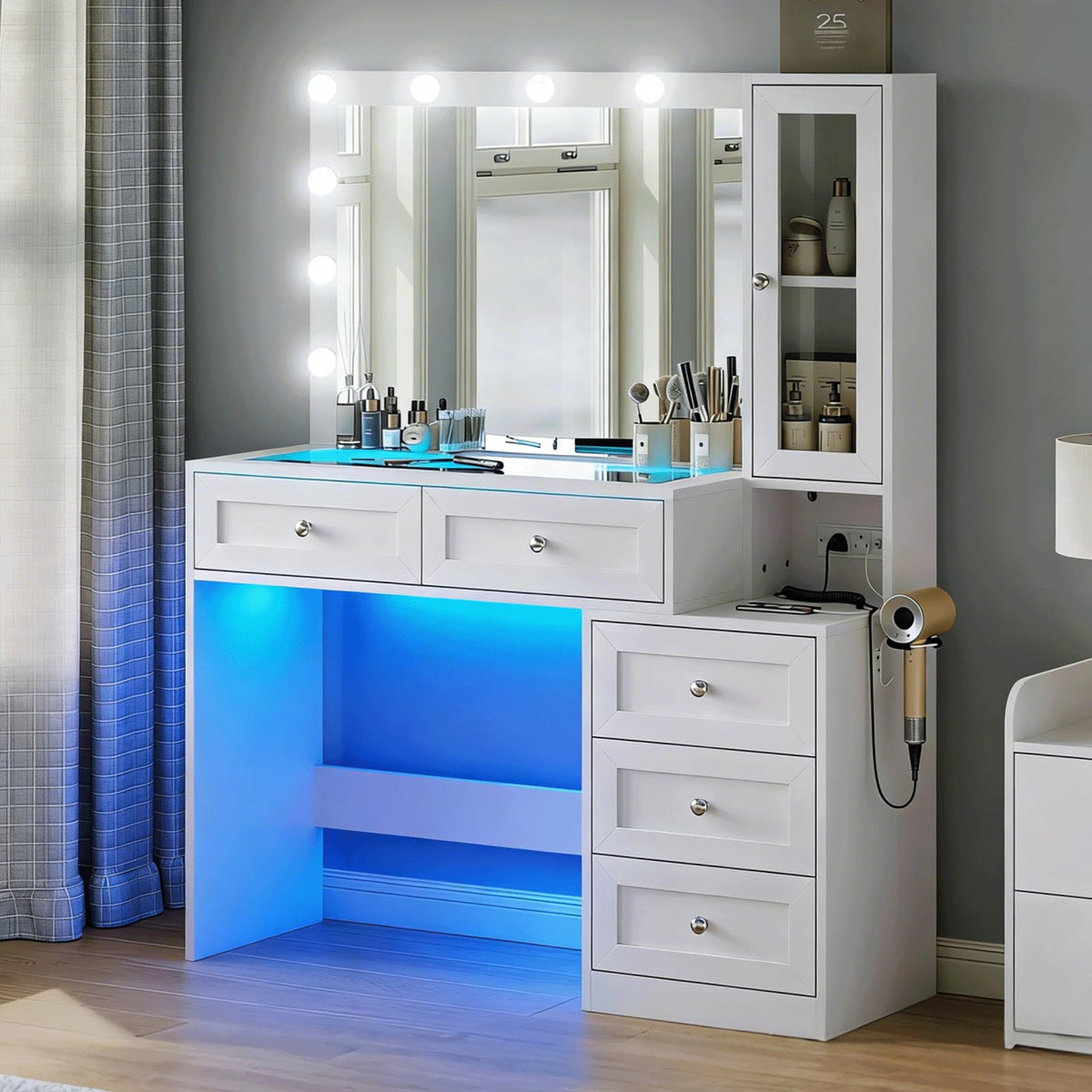 White Vanity Desk with LED Lights Mirror and 5 Storage Drawers N2313
