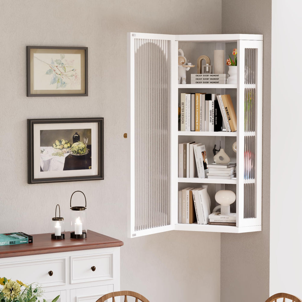 White Metal Corner Wall Cabinet with Glass Doors and Shelves X242868