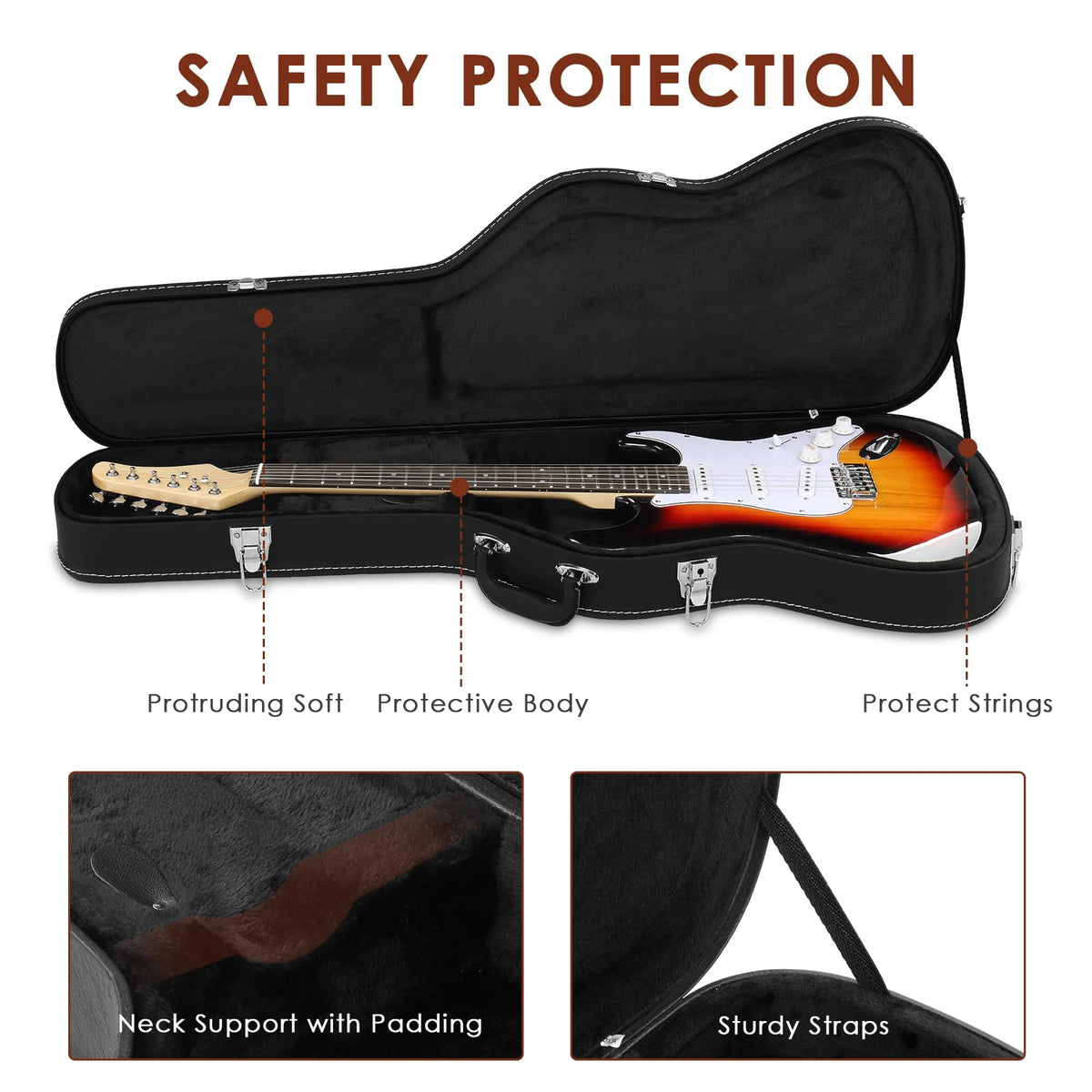 39 Inch Wooden Electric Guitar Hard Case with Soft Lining, Black B217