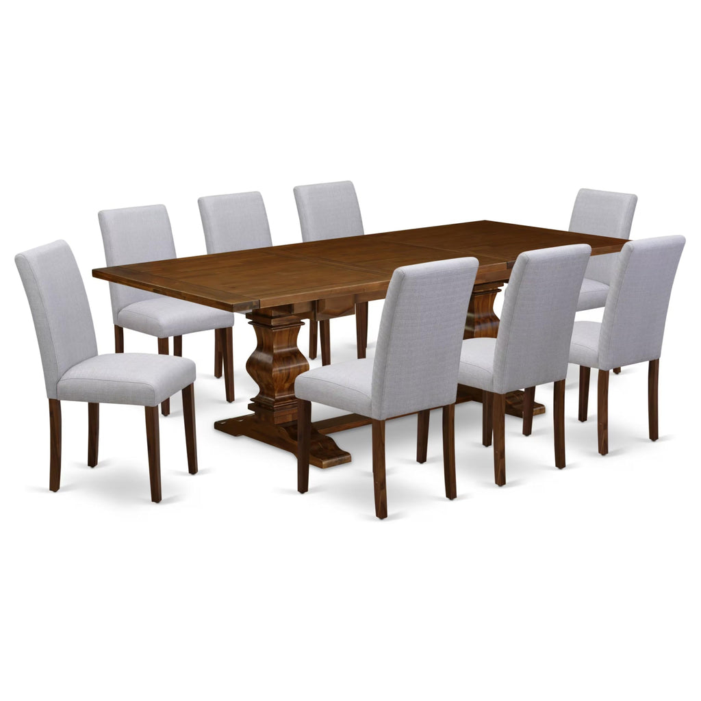 9 Piece Walnut Dining Table Set with 8 Grey Linen Chairs C89883