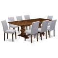 9 Piece Walnut Dining Table Set with 8 Grey Linen Chairs C89883