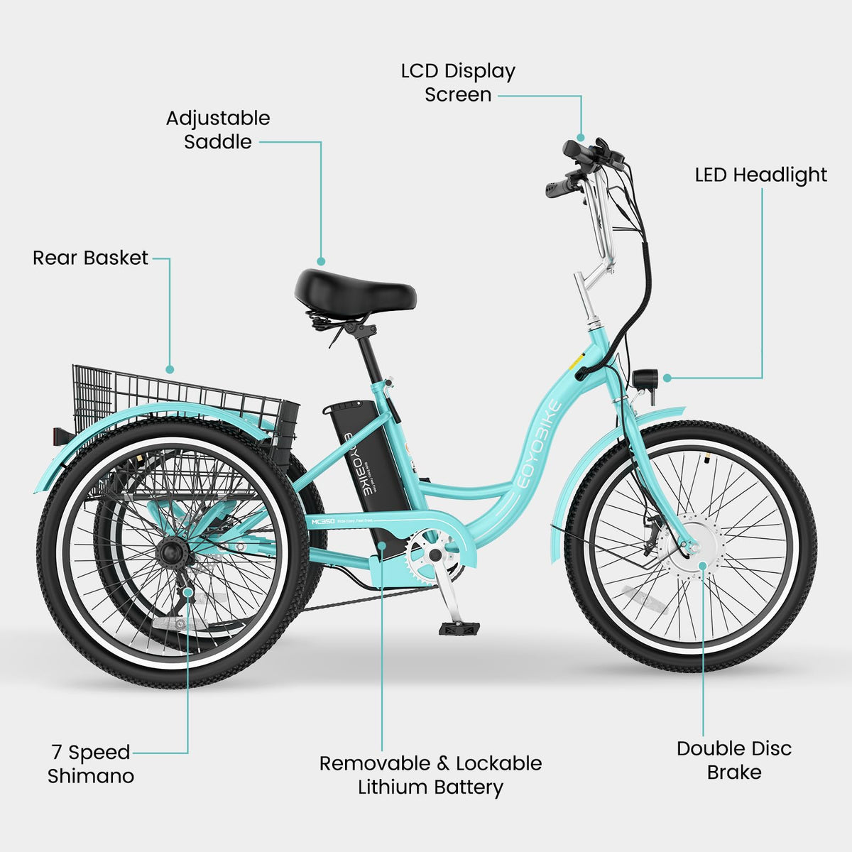 24/26 Inch 350W Electric Tricycle with Removable 36V Battery and Rear Basket O811543
