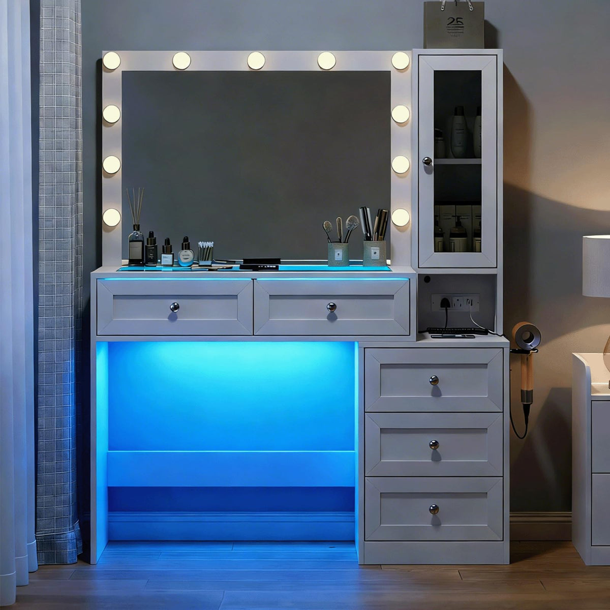 White Vanity Desk with LED Lights Mirror and 5 Storage Drawers N2313