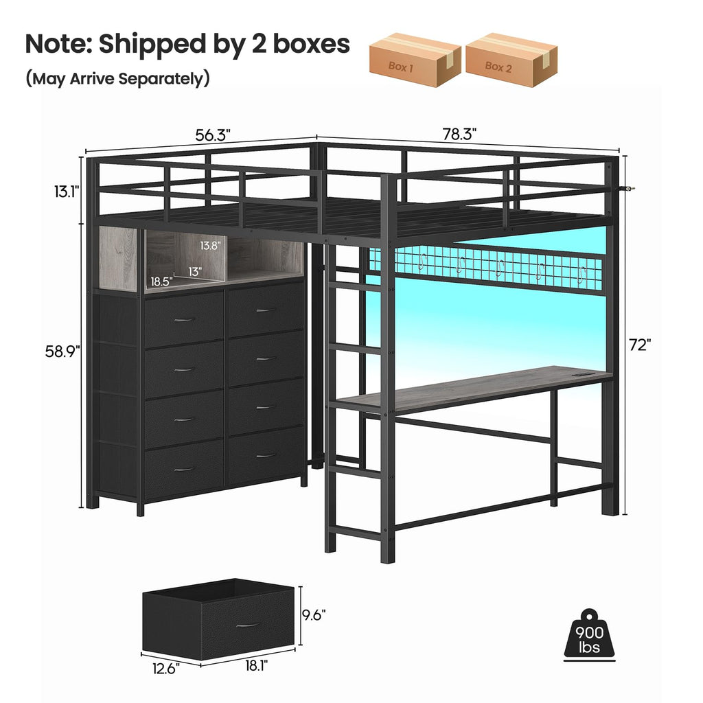 Full Size Loft Bed with Desk and 8 Storage Drawers Grey F677