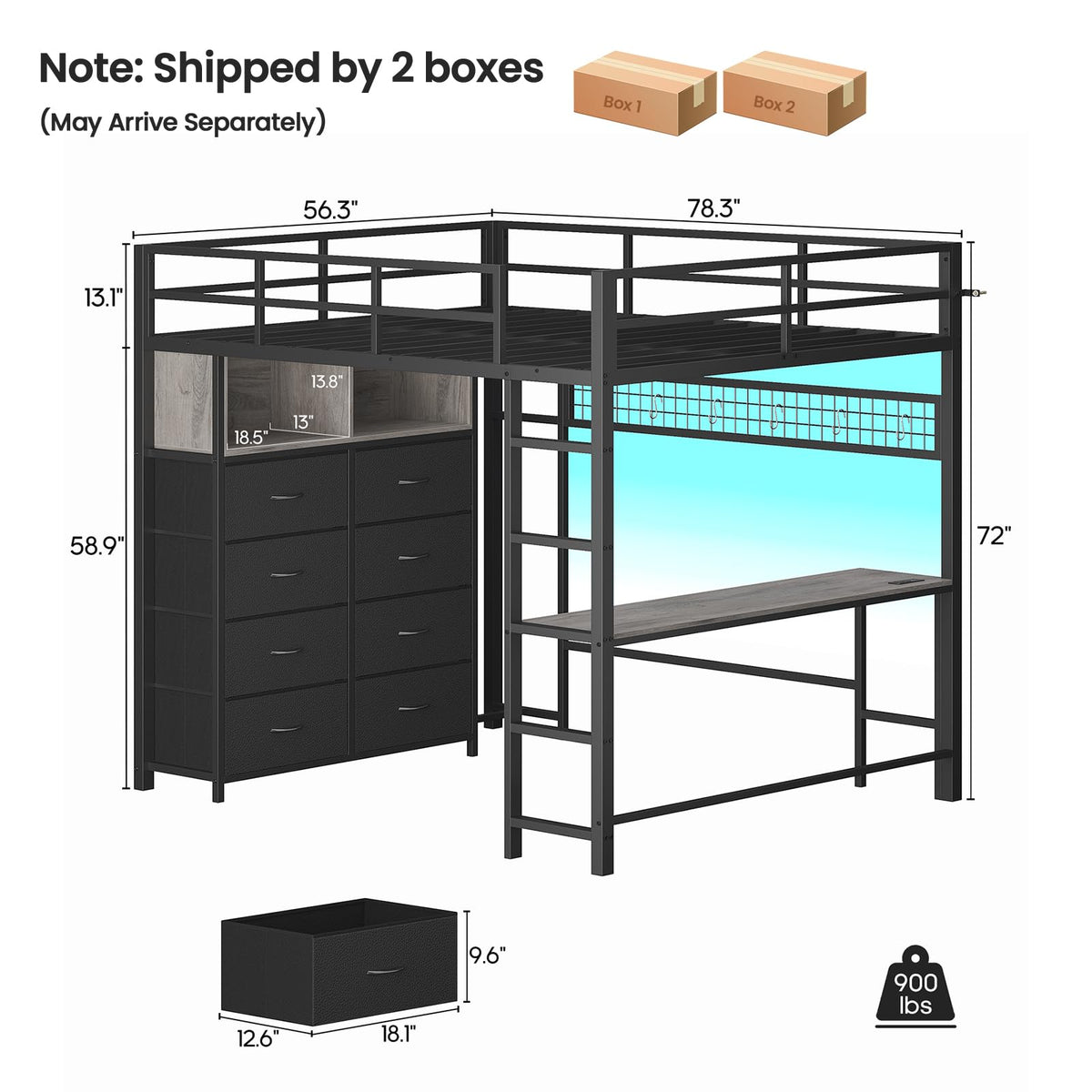 Full Size Loft Bed with Desk and 8 Storage Drawers Grey F677