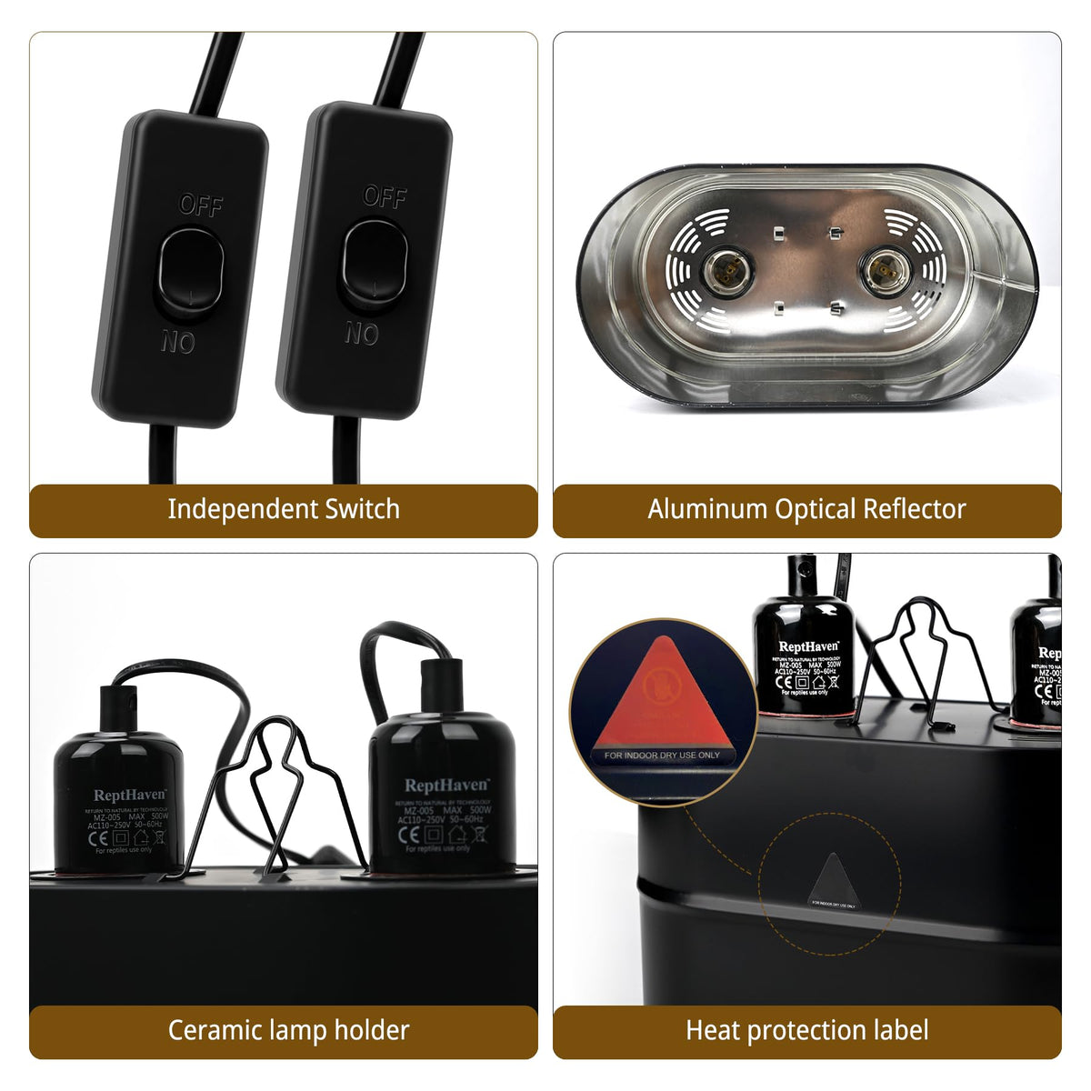 2-in-1 Deep Dome Reptile Light Fixture Kit with 100W UVA Basking Bulb & 100W Infrared Heat Lamp W7126