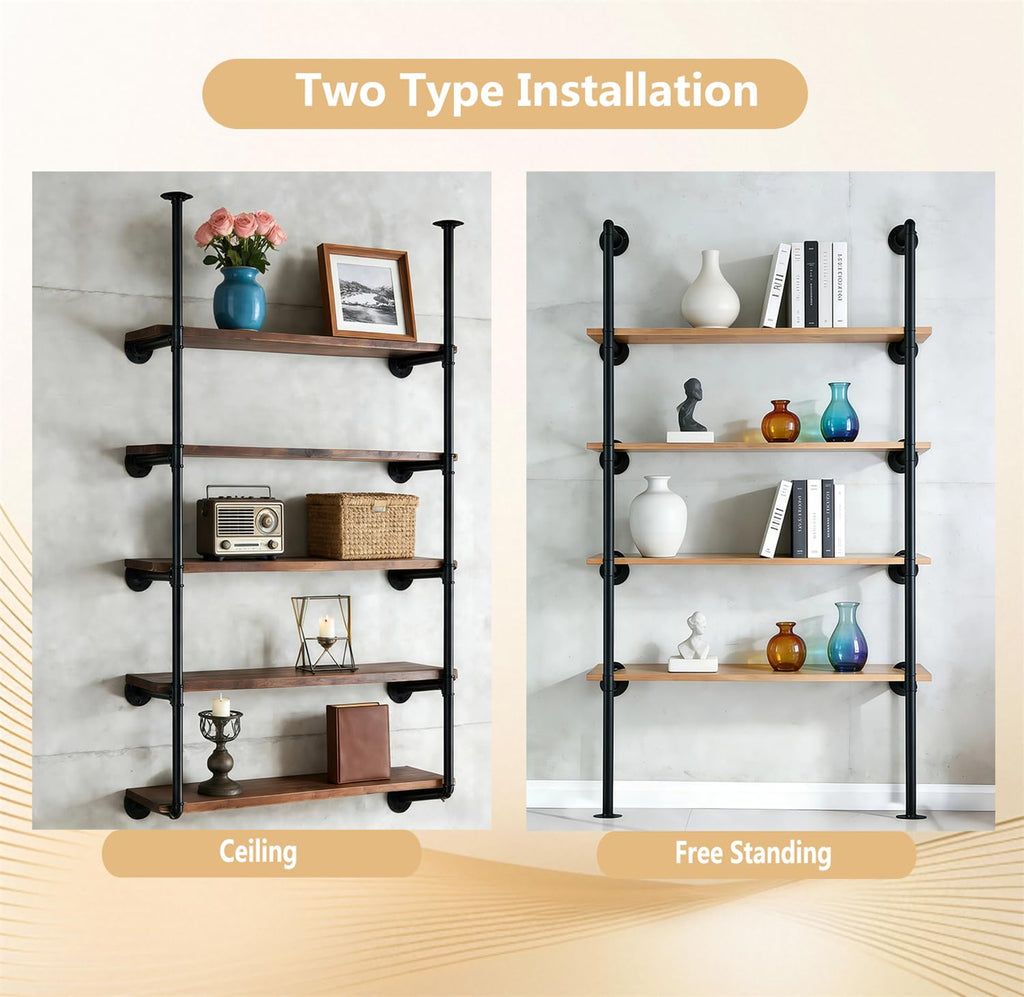 Black Iron Pipe Shelf Bracket, 2Pcs 5 Tier 68" Tall S3677