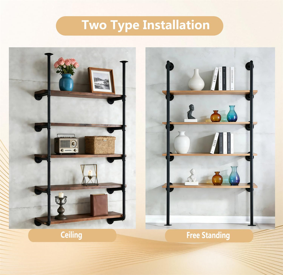 Black Iron Pipe Shelf Bracket, 2Pcs 5 Tier 68" Tall S3677