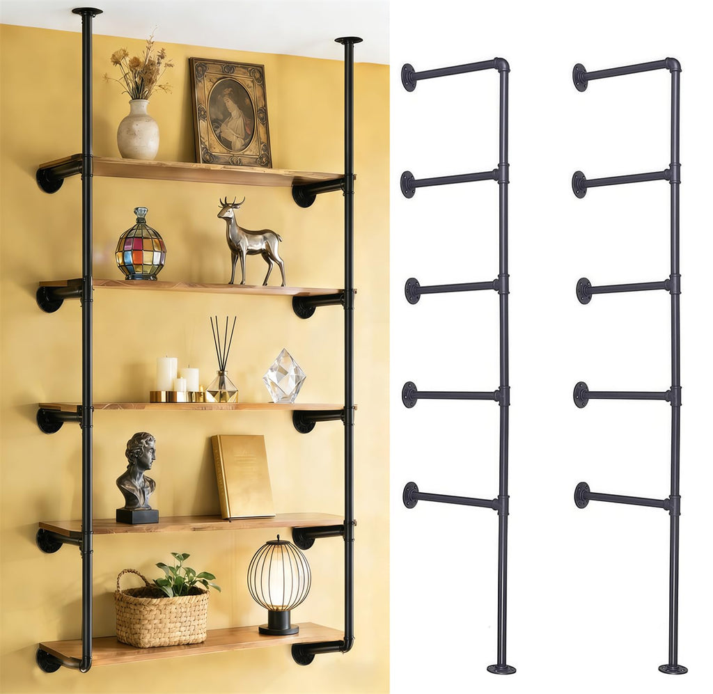 Black Iron Pipe Shelf Bracket, 2Pcs 5 Tier 68" Tall S3677