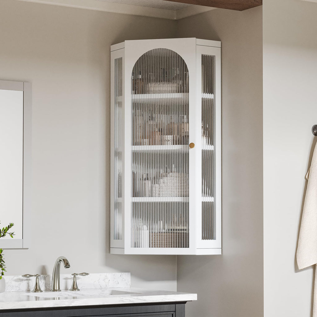 White Metal Corner Wall Cabinet with Glass Doors and Shelves X242868