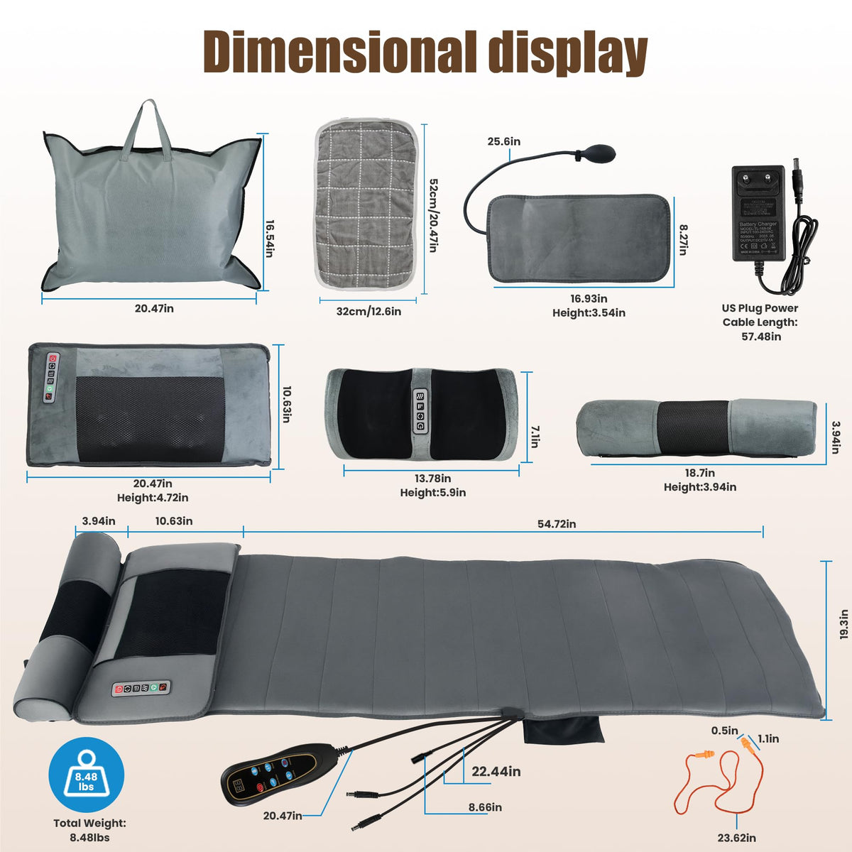 Full Body Massage Mat with Heat, 10 Vibrating Nodes, 9 Modes, 3 Heating Levels, Detachable Neck Foot Massager U34926
