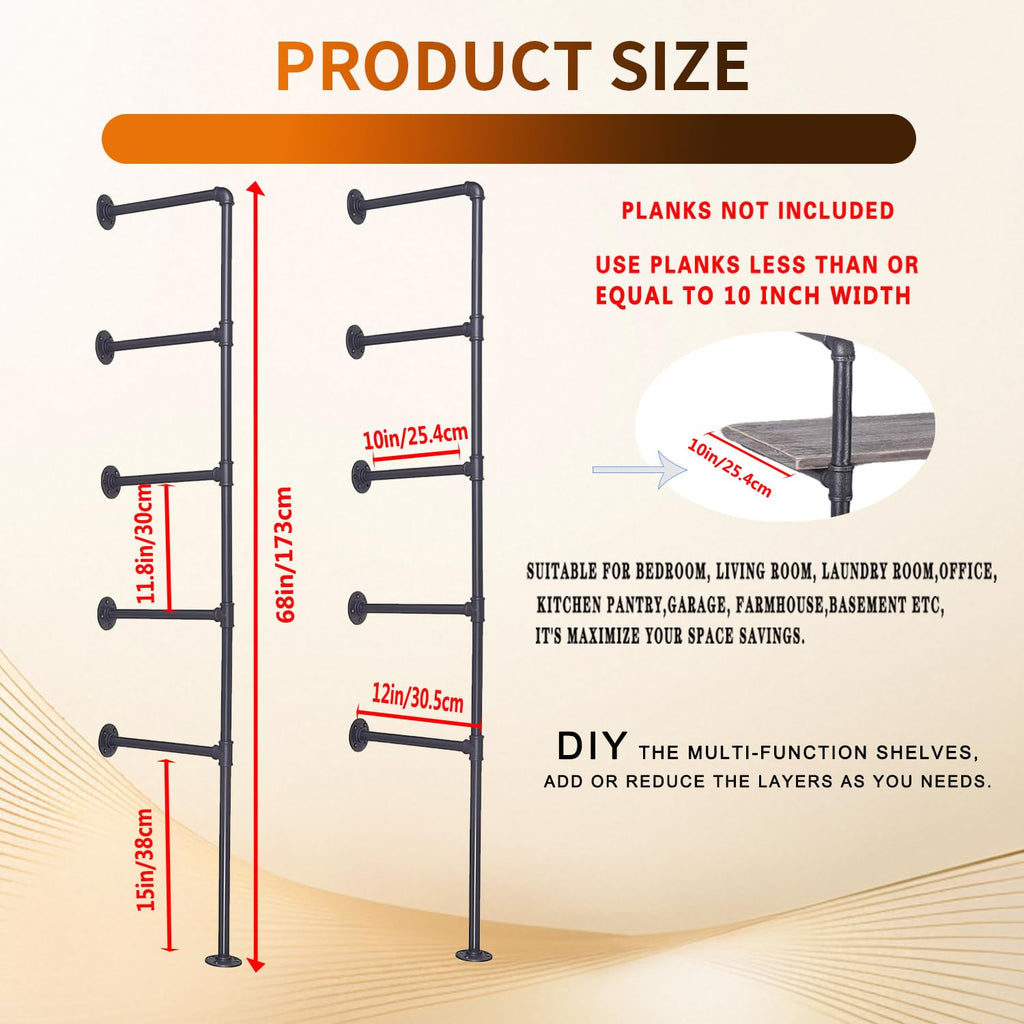 Black Iron Pipe Shelf Bracket, 2Pcs 5 Tier 68" Tall S3677