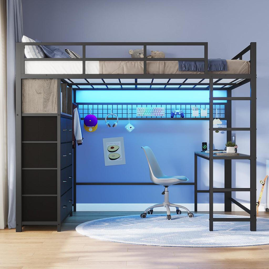 Full Size Loft Bed with Desk and 8 Storage Drawers Grey F677