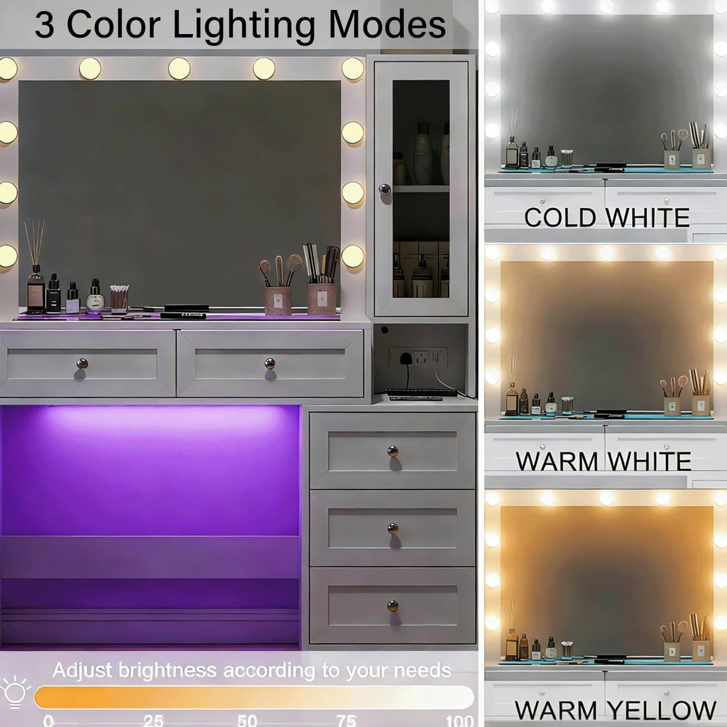 White Vanity Desk with LED Lights Mirror and 5 Storage Drawers N2313