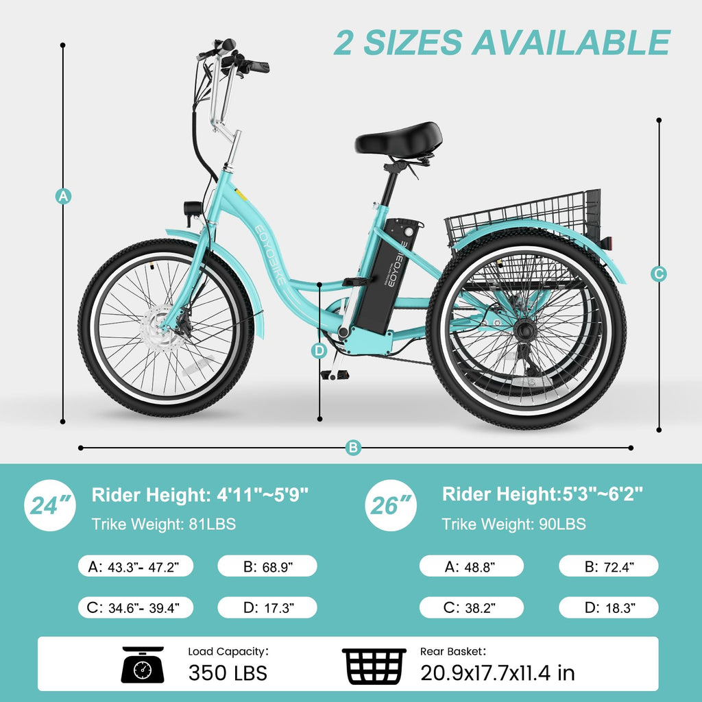 24/26 Inch 350W Electric Tricycle with Removable 36V Battery and Rear Basket O811543