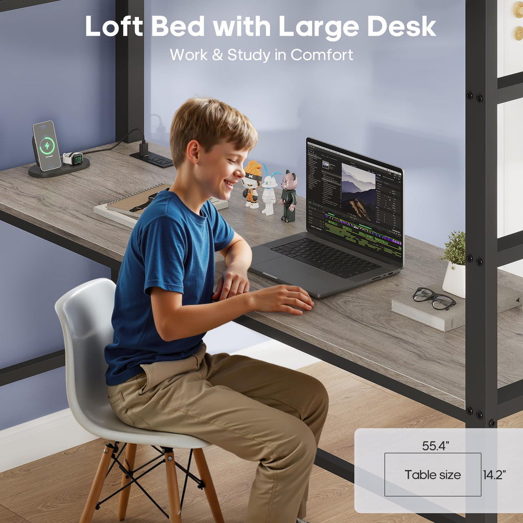 Full Size Loft Bed with Desk and 8 Storage Drawers Grey F677