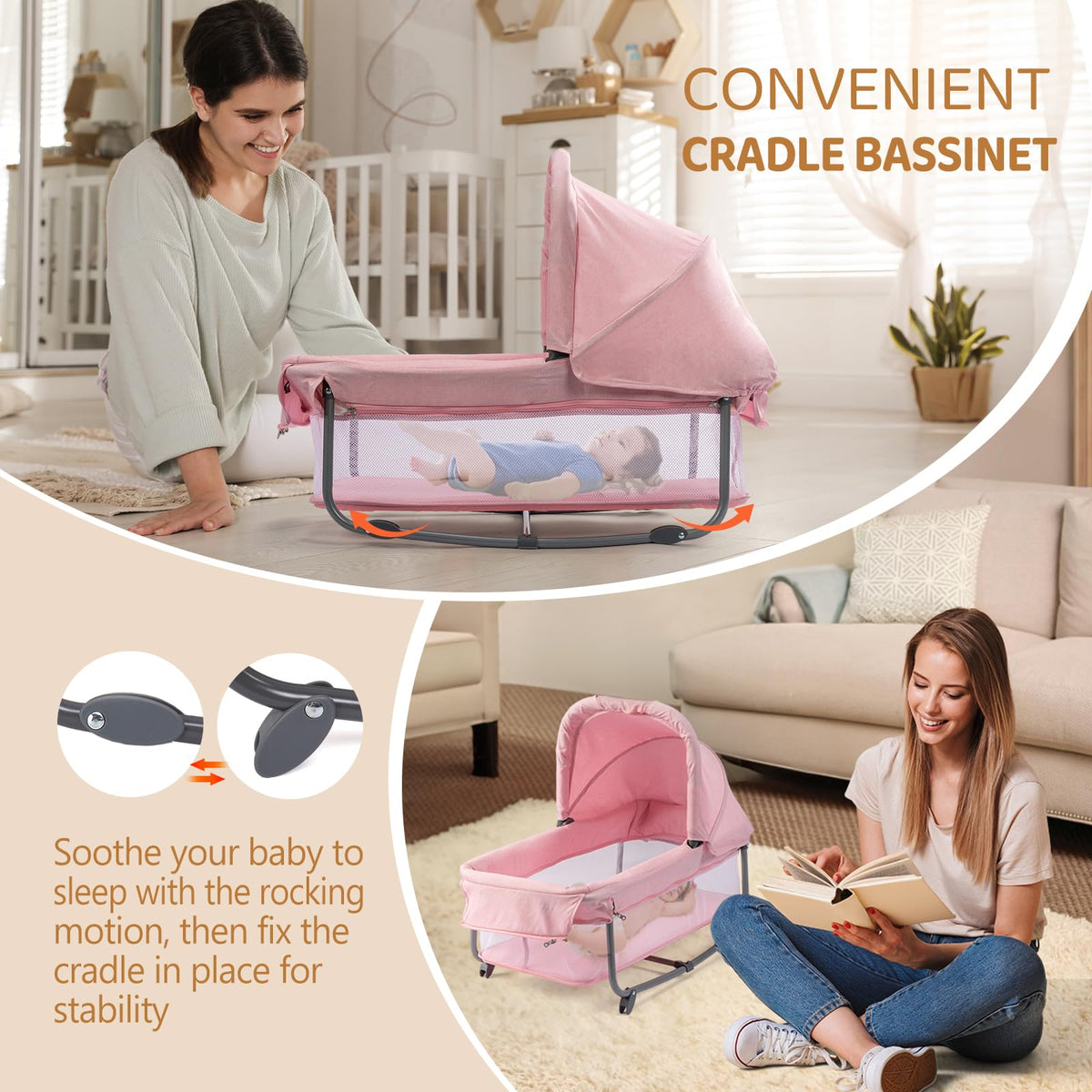 7 in 1 Pink Bedside Bassinet with Changing Table X157