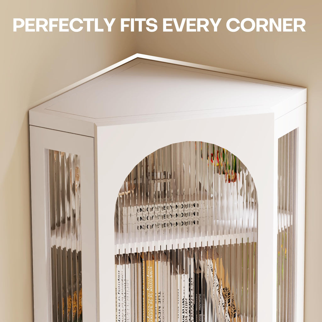 White Metal Corner Wall Cabinet with Glass Doors and Shelves X242868