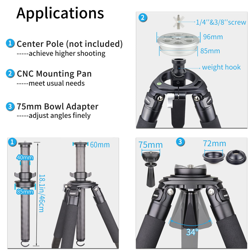Carbon Fiber Heavy Duty Tripod with 75mm Bowl Adapter 63 inch Black Y2367