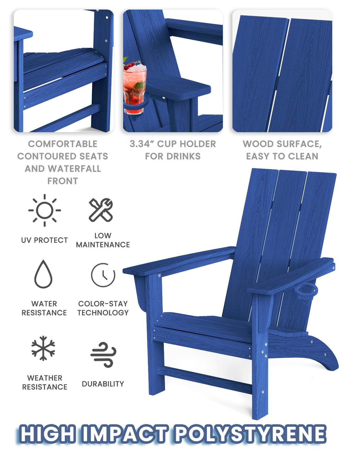 Adirondack Chair with Cup Holder, HDPE Plastic Patio Chairs T2813