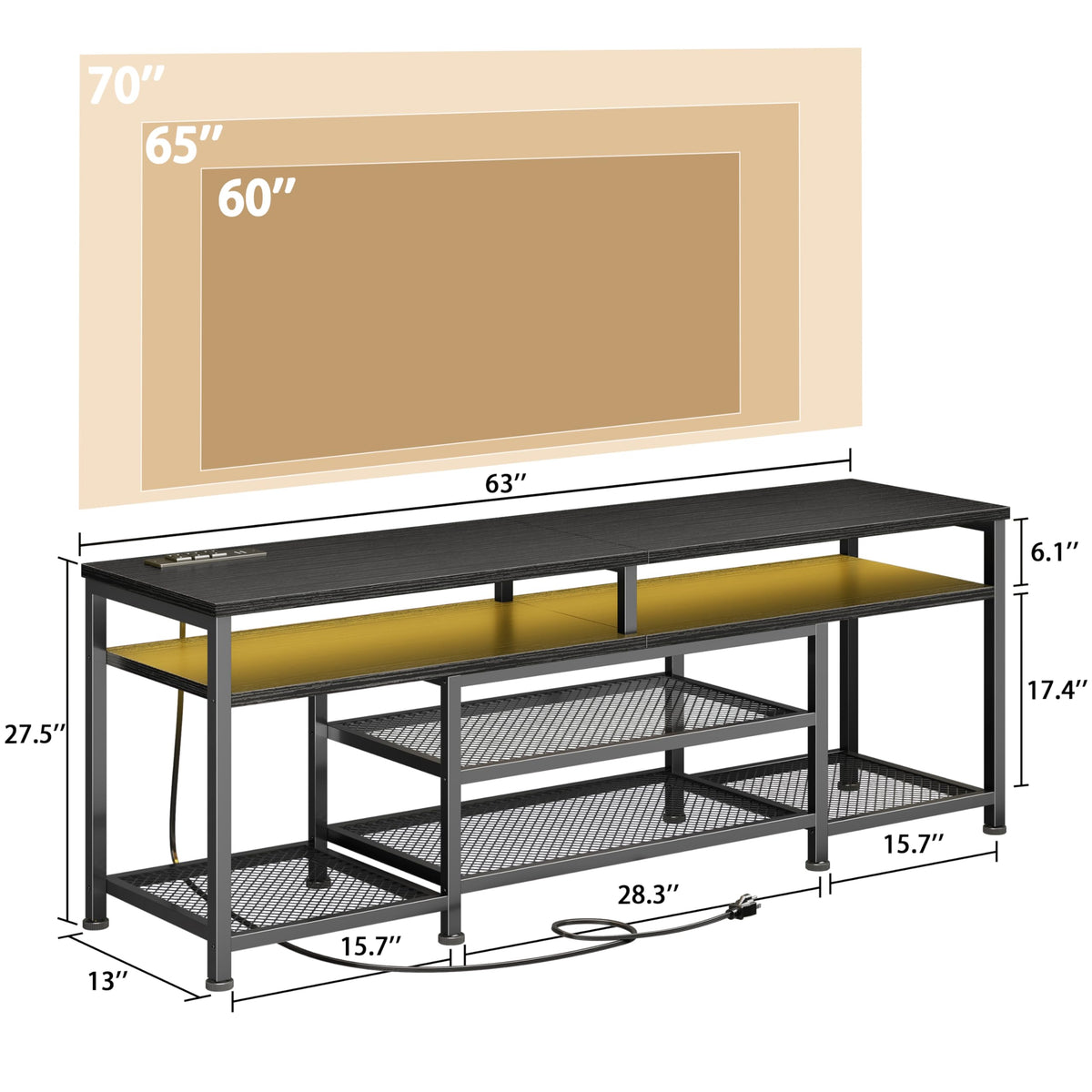 63 Inch TV Stand with Power Outlets & LED Lights, Black I717