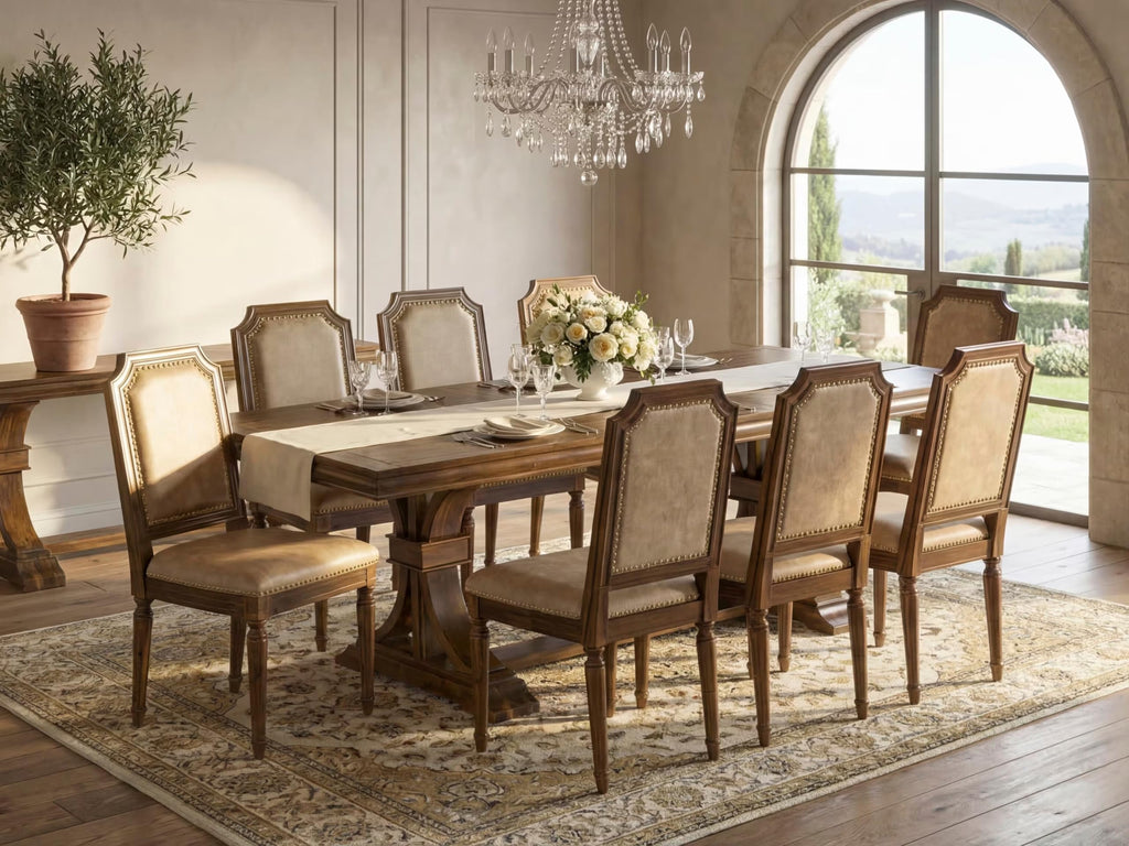 9 Piece Dining Table Set with 8 Beige Polyester Fabric Chairs S63402