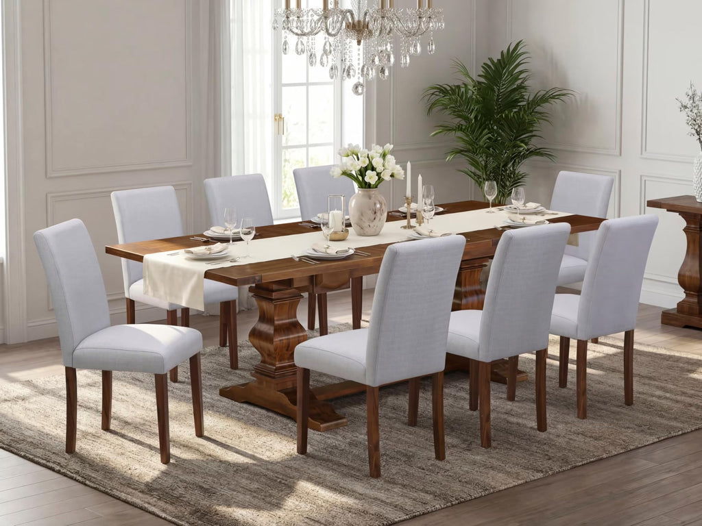 9 Piece Walnut Dining Table Set with 8 Grey Linen Chairs C89883