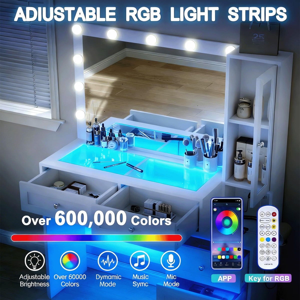 White Vanity Desk with LED Lights Mirror and 5 Storage Drawers N2313