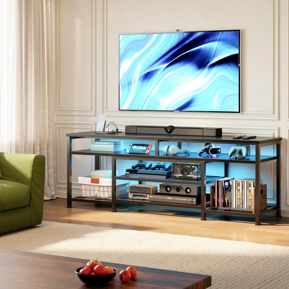 63 Inch TV Stand with Power Outlets & LED Lights, Black I717