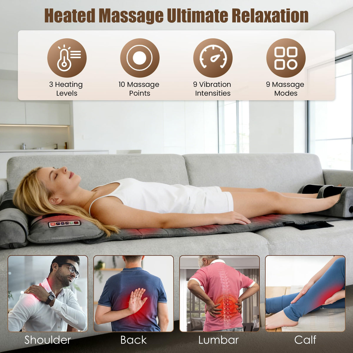 Full Body Massage Mat with Heat, 10 Vibrating Nodes, 9 Modes, 3 Heating Levels, Detachable Neck Foot Massager U34926