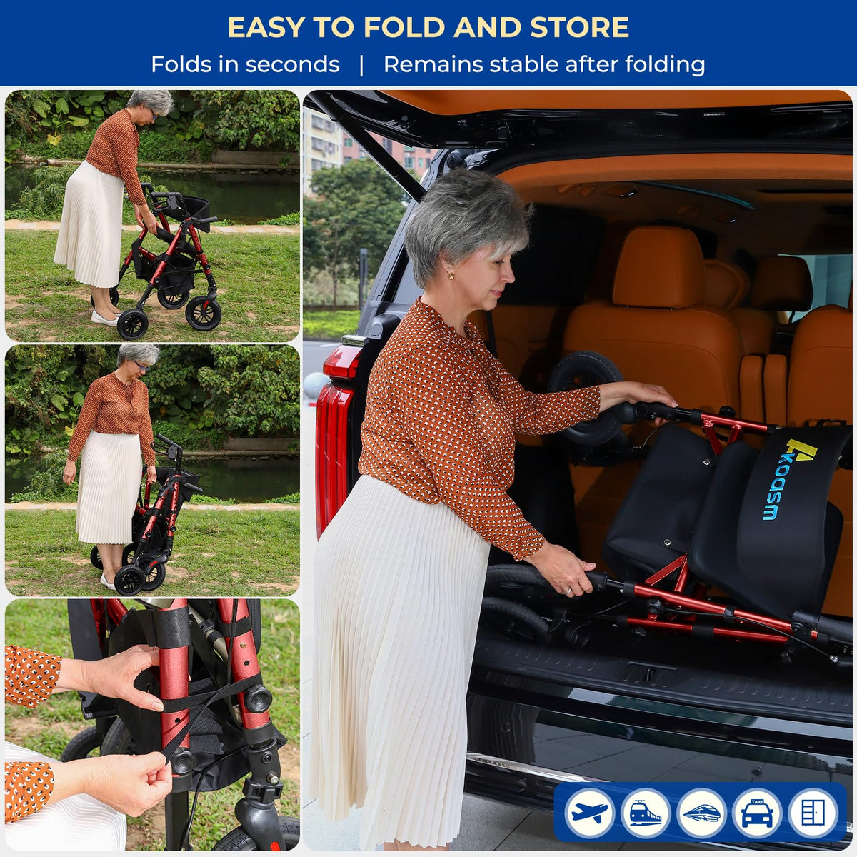 Foldable Rollator Walker with Seat, 2 in 1 Wheelchair Combo, Red V738730