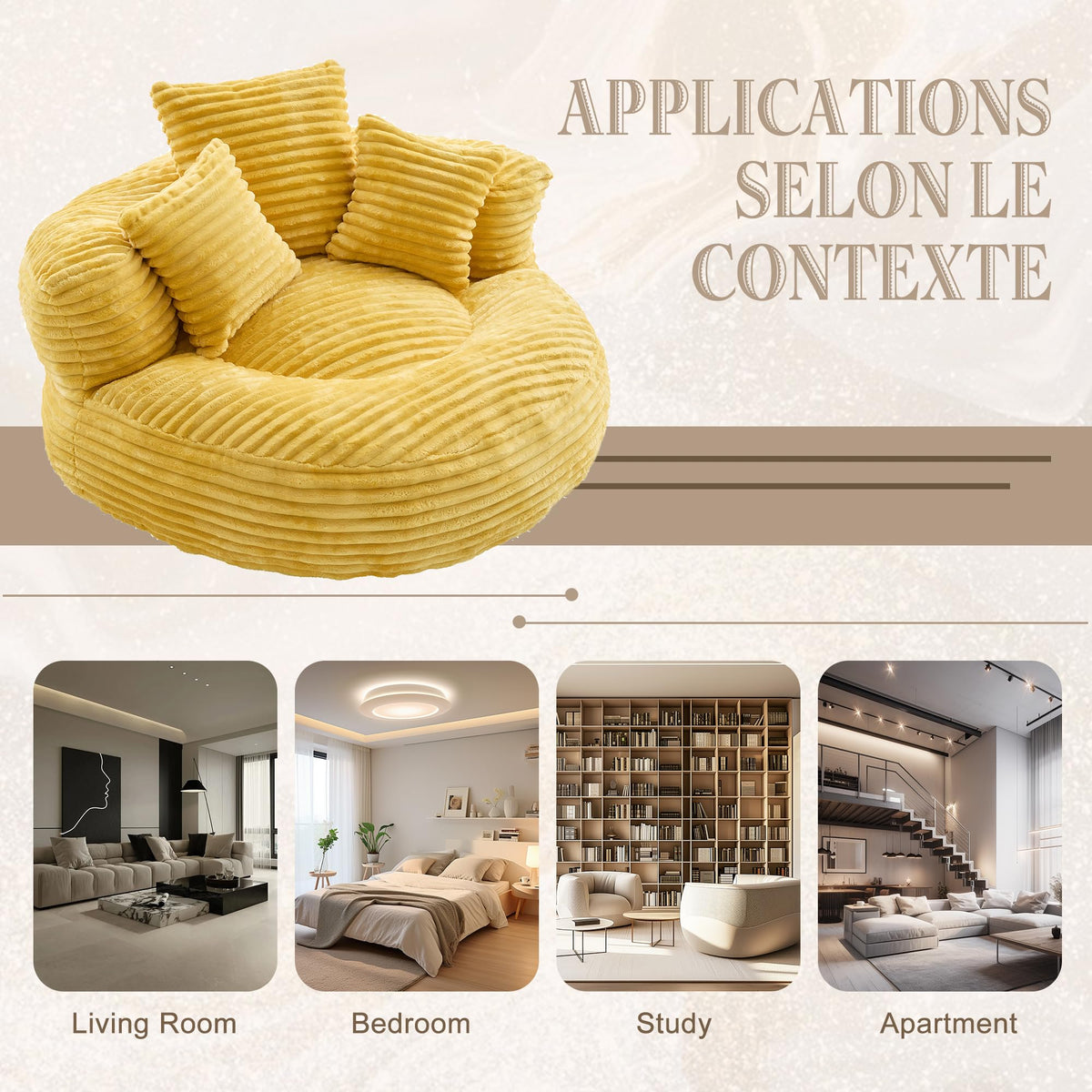 43" Mustard Yellow Corduroy Beanbag Sofa with Memory Foam P188004