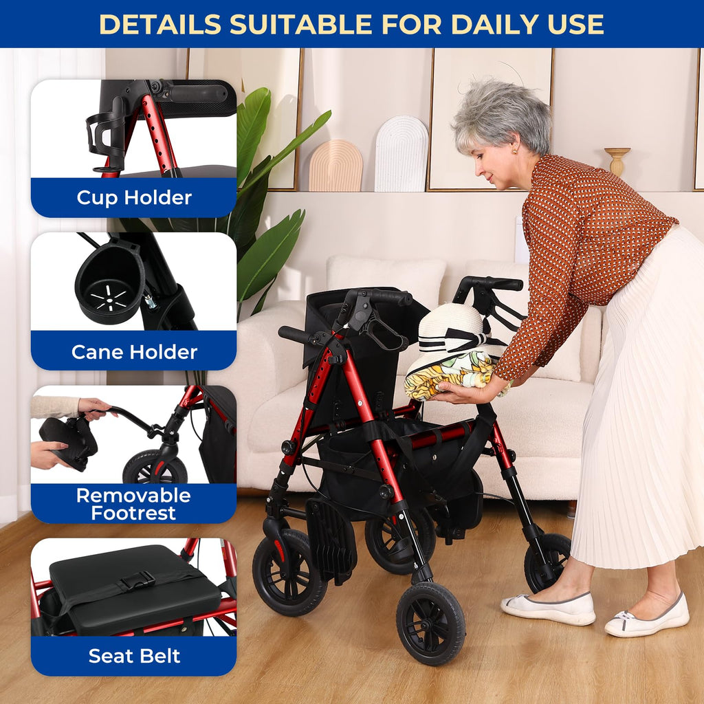 Foldable Rollator Walker with Seat, 2 in 1 Wheelchair Combo, Red V738730