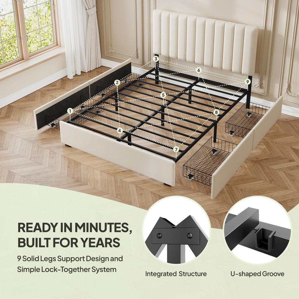 White Full Size Upholstered Bed Frame with Headboard & 4 Drawers P181536