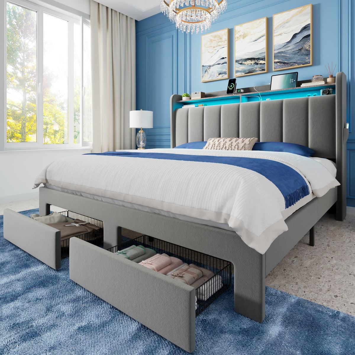 Full Size Bed Frame with Storage Headboard and Drawers T8225