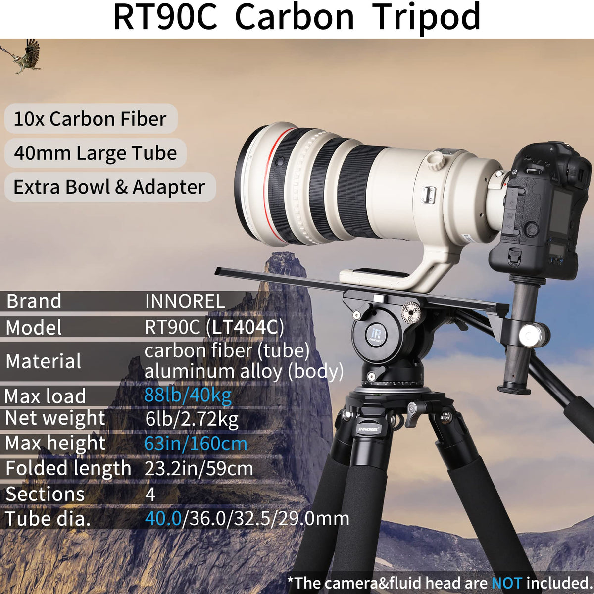Carbon Fiber Heavy Duty Tripod with 75mm Bowl Adapter 63 inch Black Y2367