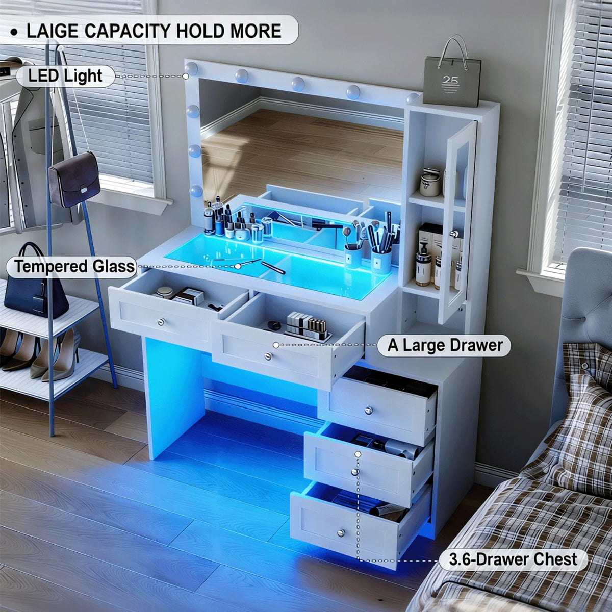 White Vanity Desk with LED Lights Mirror and 5 Storage Drawers N2313